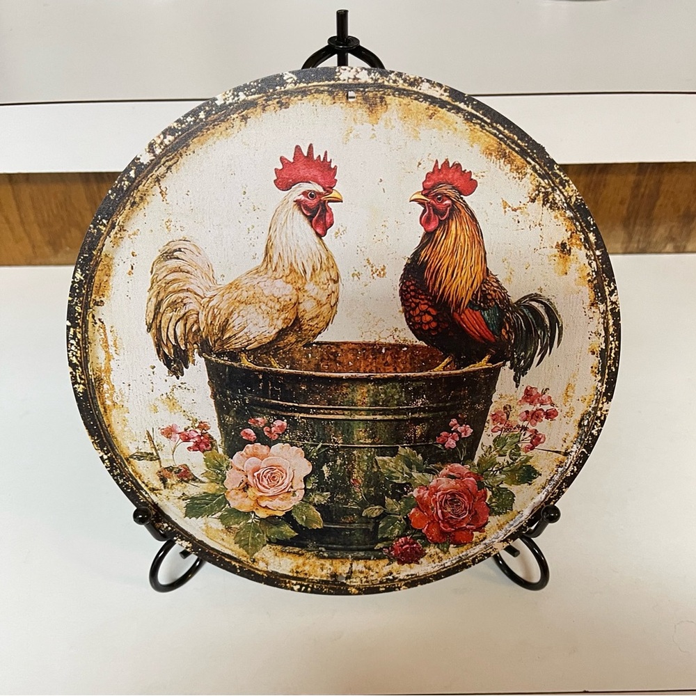 Rustic Rooster Art Painting with Floral Accents & Stand.